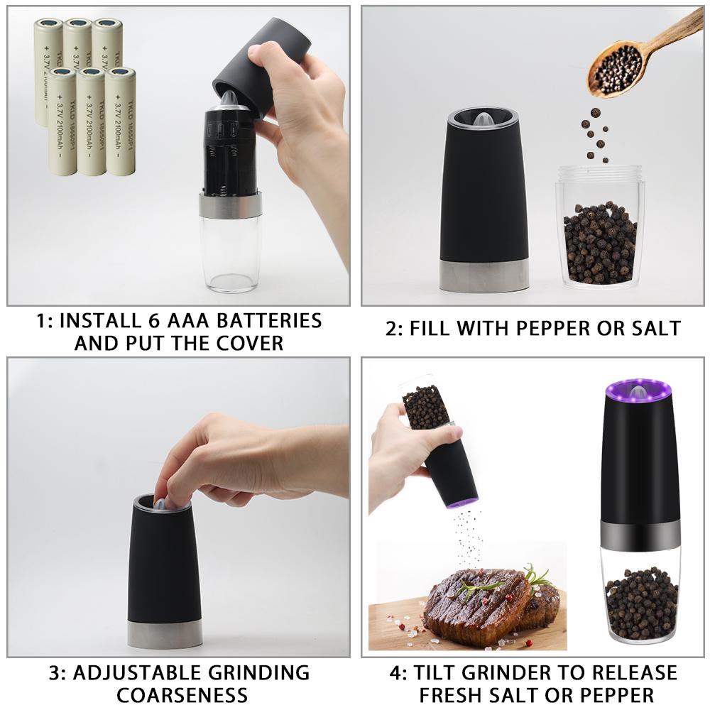 Electric Gravity Sensor Salt and Pepper Grinder with LED Light