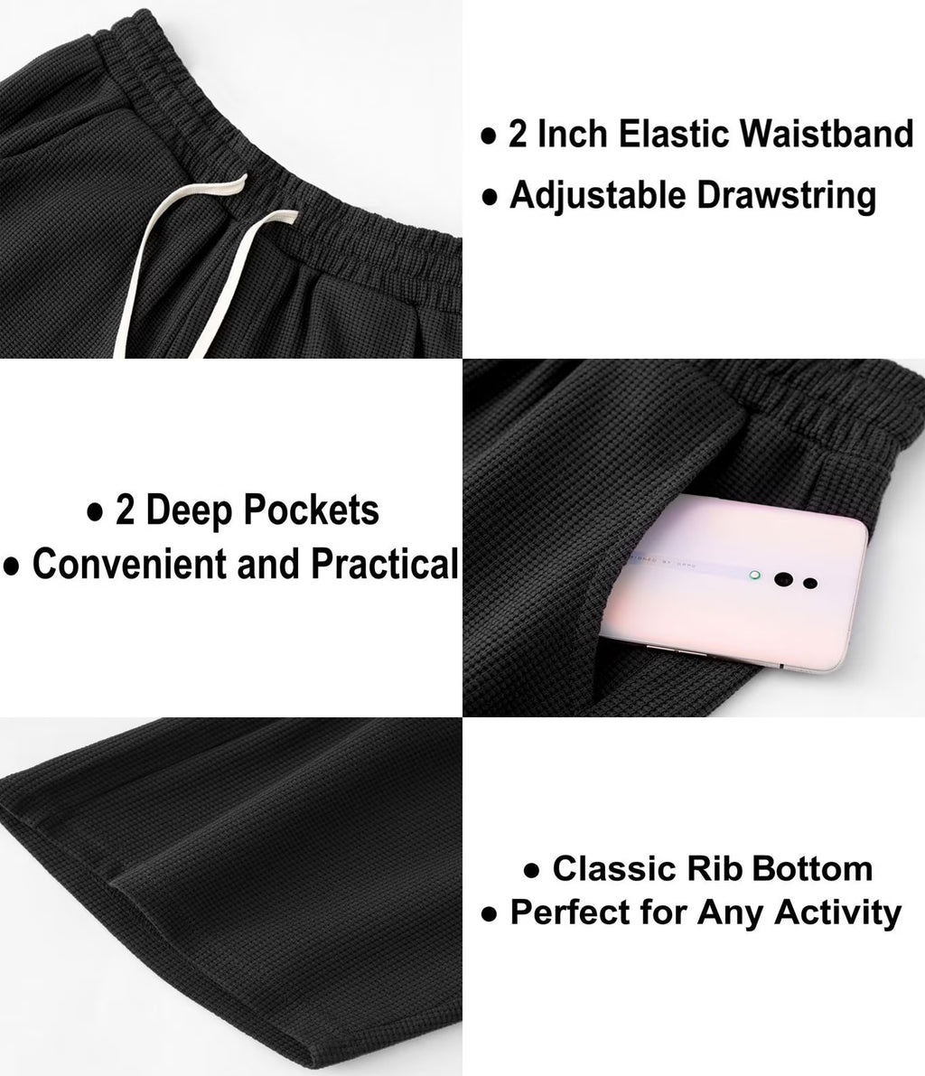 3 Pack Mens Shorts Waffle Textured Casual with Pockets & Drawstring