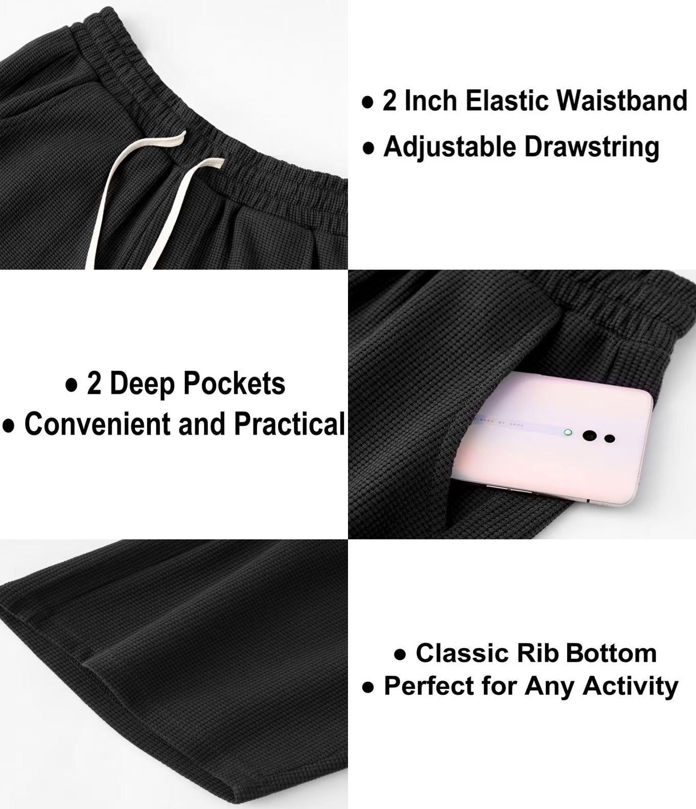 3 Pack Mens Shorts Waffle Textured Casual with Pockets & Drawstring