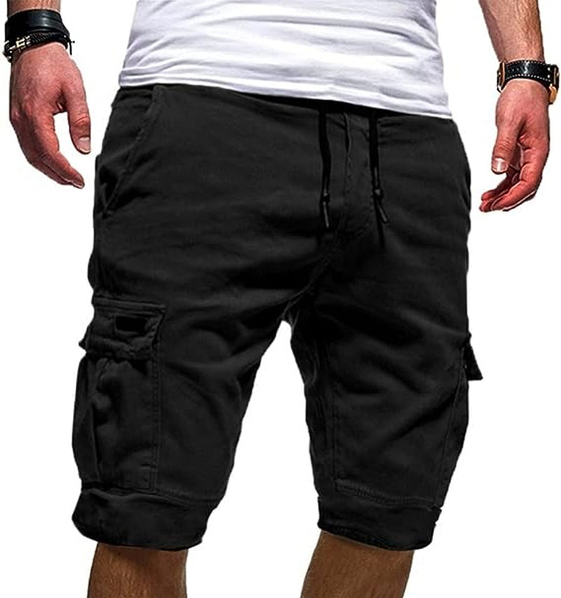 Men Casual Chino Cargo Shorts Elastic Waist Drawstring 6 Pockets Summer Trousers