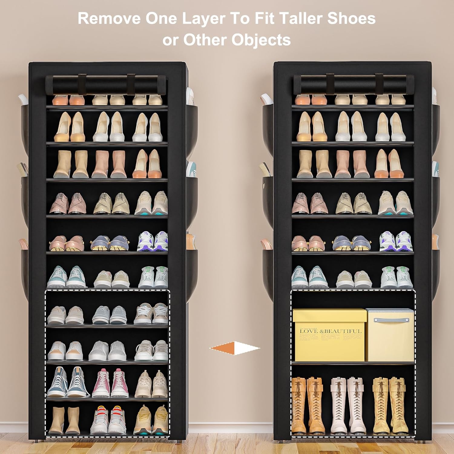 Large Shoe Rack, Black, 6 Side Pockets, 23.6" Wide X 11.4" Deep X 68.9" Tall, 36-41 Pairs of Shoes