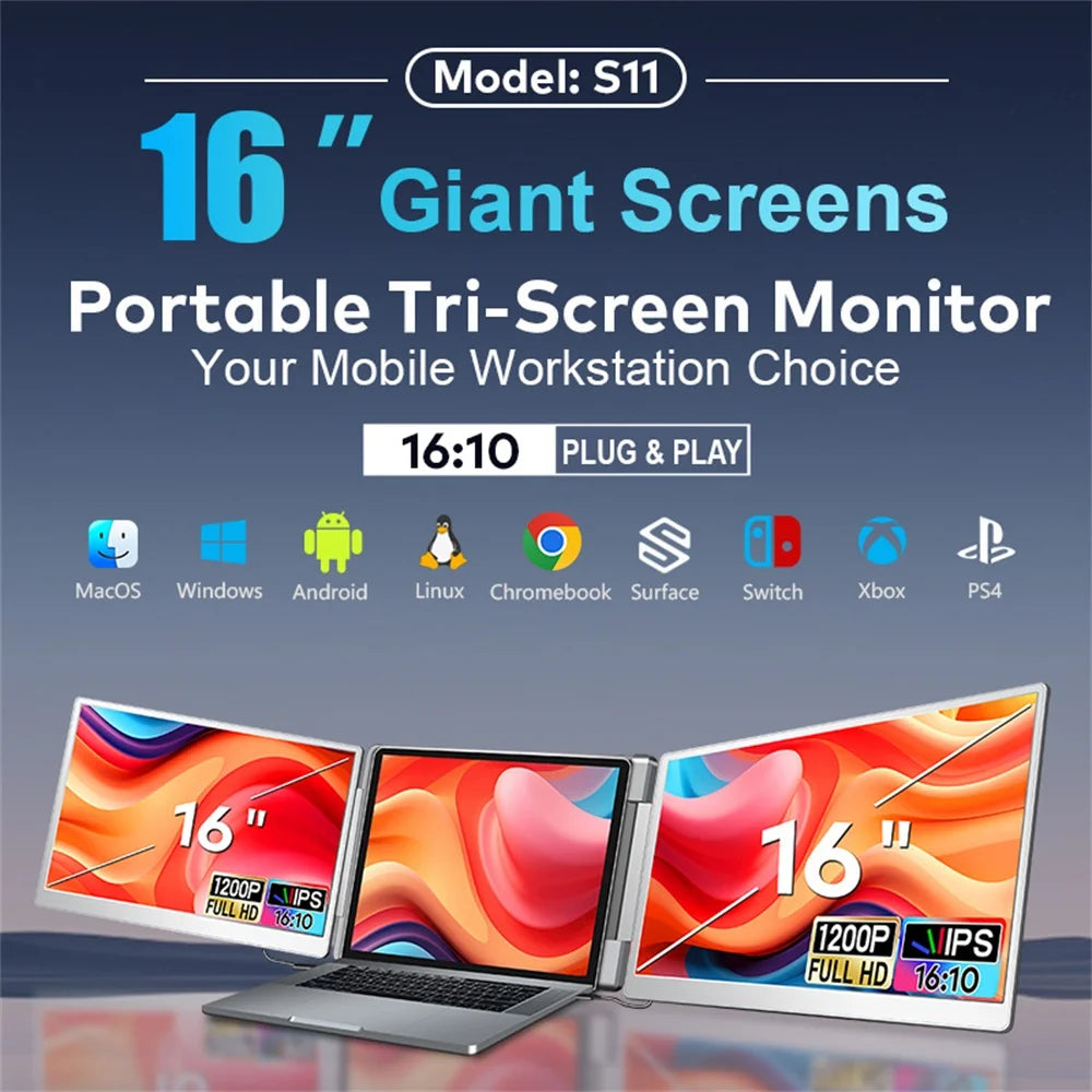 Portable LCD FHD IPS Gaming Backlit External Monitor Triple Screen Extender