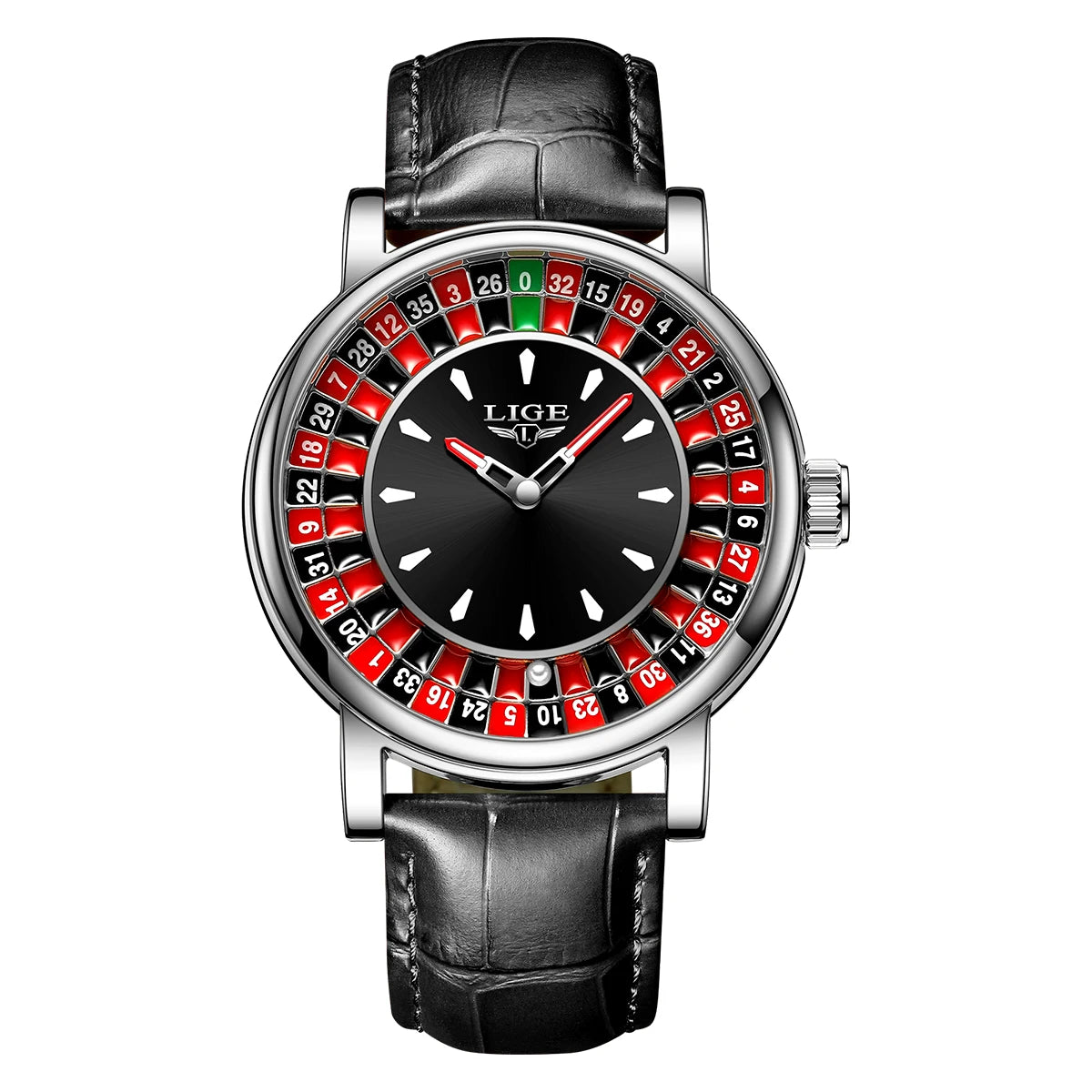 LIGE Brown Leather Men Watch Rotating Dial Las Vegas Roulette Desktop Theme