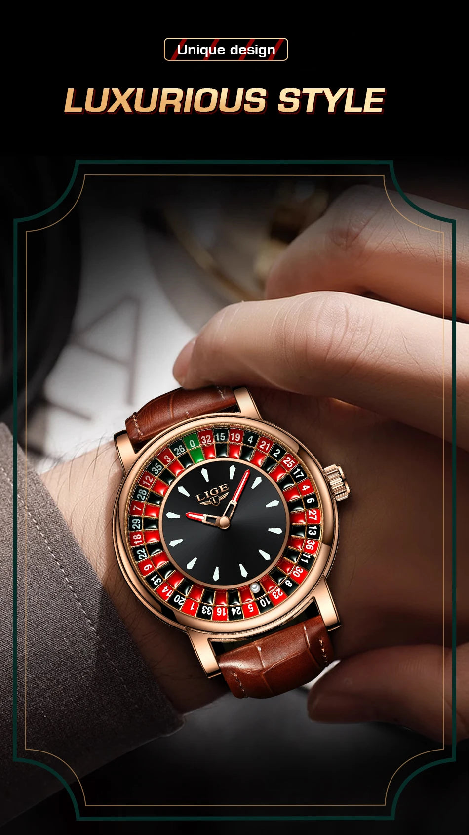LIGE Brown Leather Men Watch Rotating Dial Las Vegas Roulette Desktop Theme