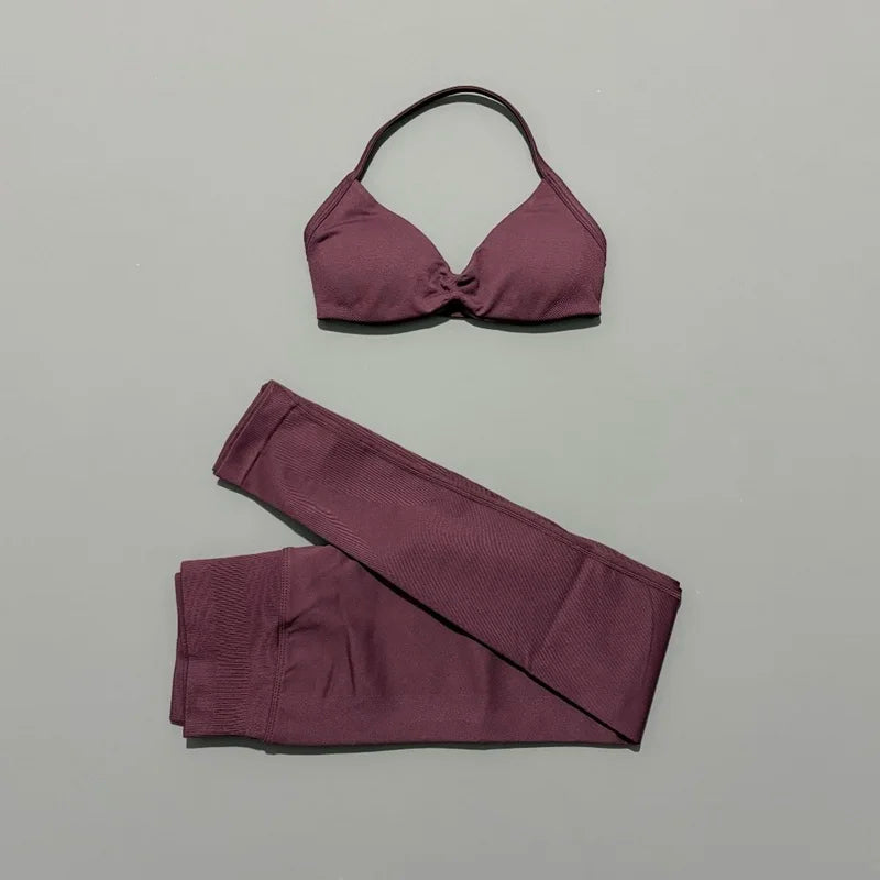 2 Piece Sports Set Women Yoga Backless Halter Bra High Waist Scrunch Seamless Pants