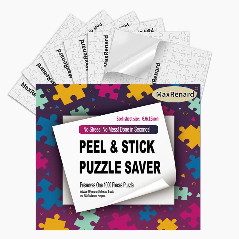 6 Sheets Jigsaw Puzzle Glue Sheets, Self Adhesive Puzzle Saver Stickers with 2 Hooks, for Thousand Pieces