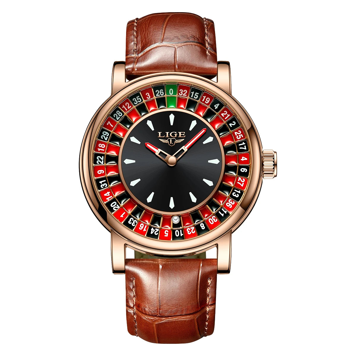 LIGE Brown Leather Men Watch Rotating Dial Las Vegas Roulette Desktop Theme