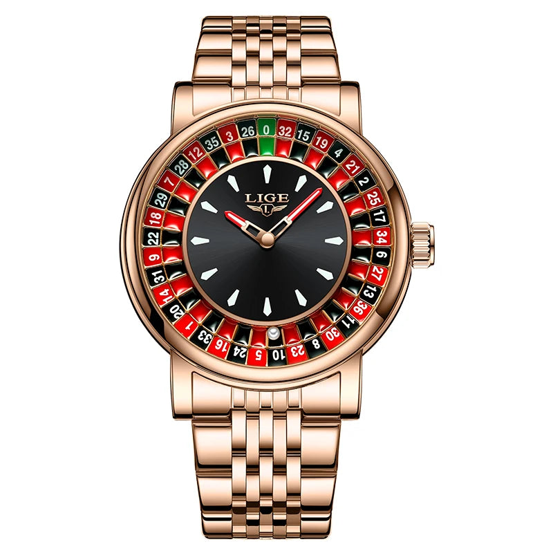 LIGE Brown Leather Men Watch Rotating Dial Las Vegas Roulette Desktop Theme