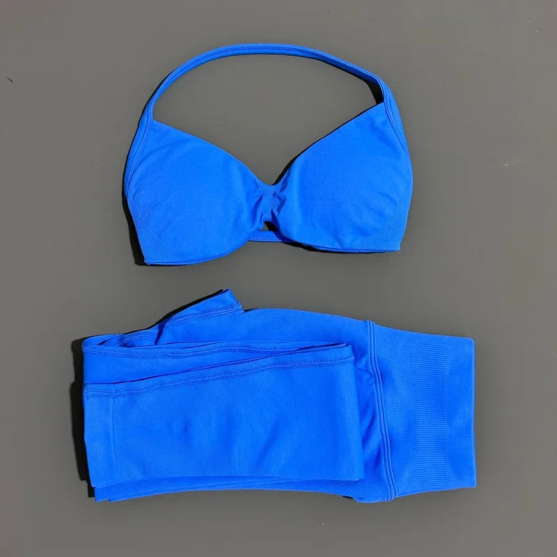 2 Piece Sports Set Women Yoga Backless Halter Bra High Waist Scrunch Seamless Pants