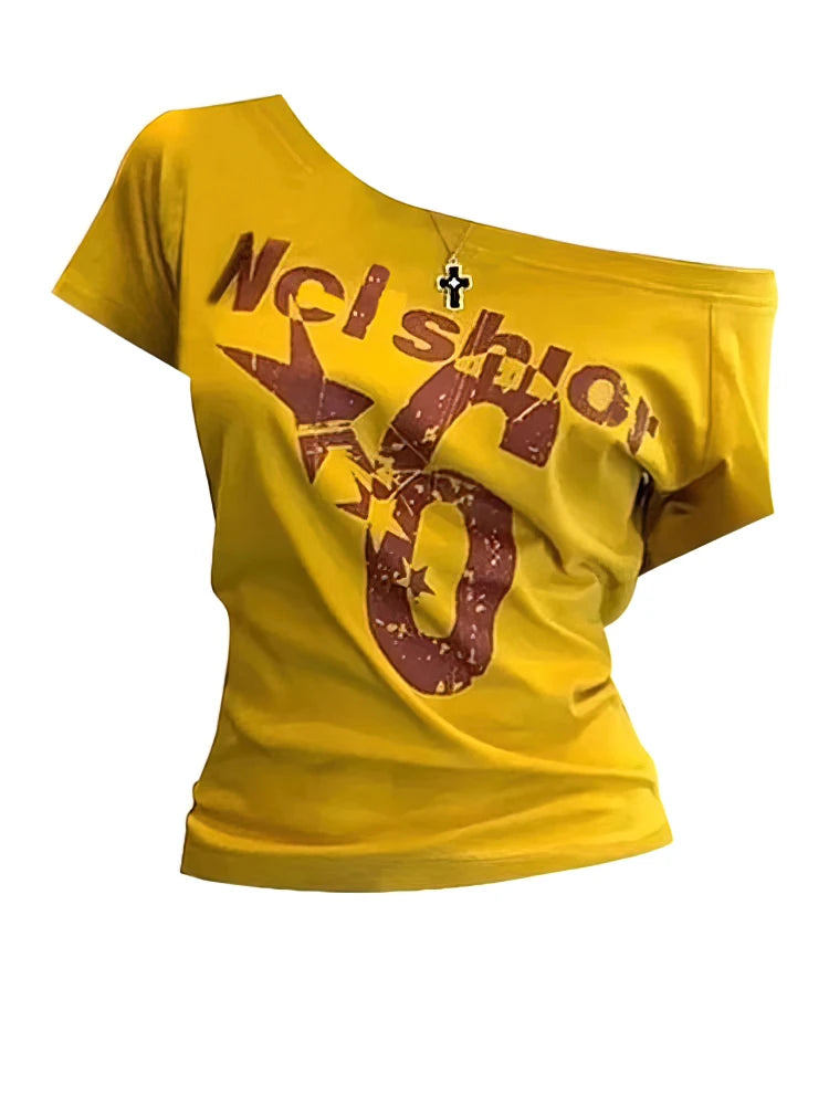 Sport Summer Off shoulder Top Women Vintage 2000s Short sleeve T shirt