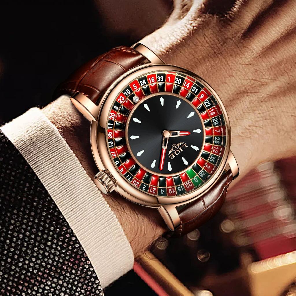 LIGE Brown Leather Men Watch Rotating Dial Las Vegas Roulette Desktop Theme