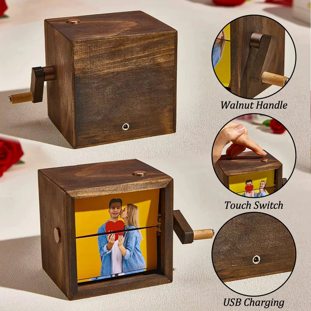 Hand Cranked Photo Flip book Box Personalized Photo card Holder Mother's Day Gift Solid Wood