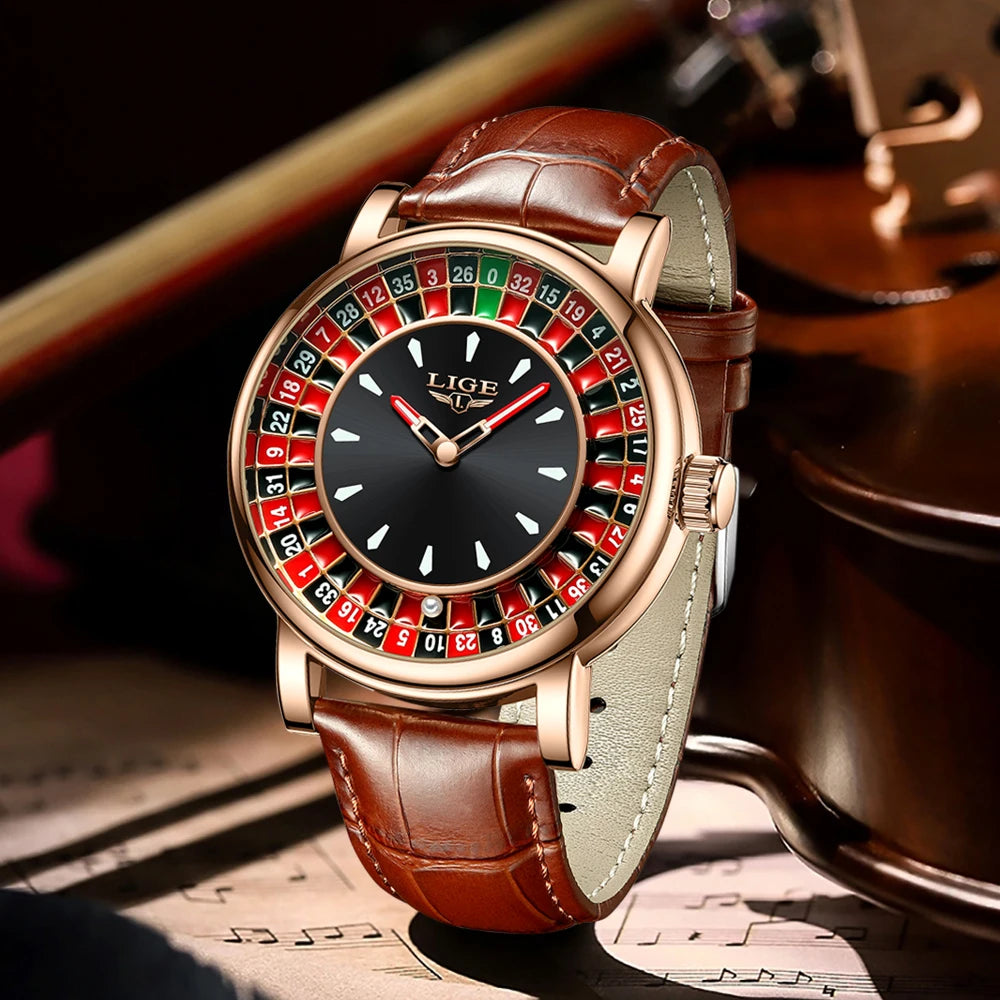 LIGE Brown Leather Men Watch Rotating Dial Las Vegas Roulette Desktop Theme