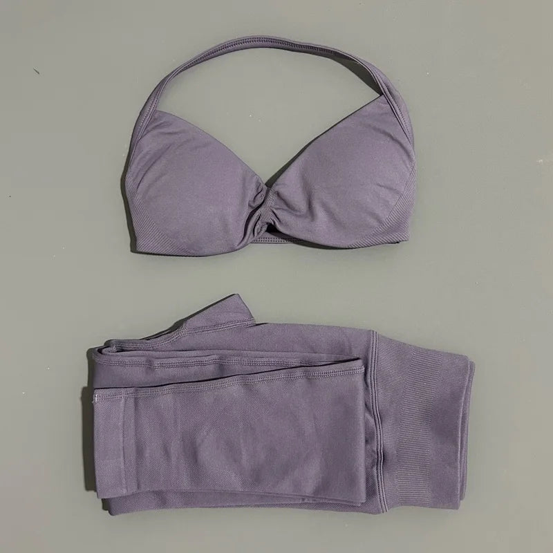 2 Piece Sports Set Women Yoga Backless Halter Bra High Waist Scrunch Seamless Pants