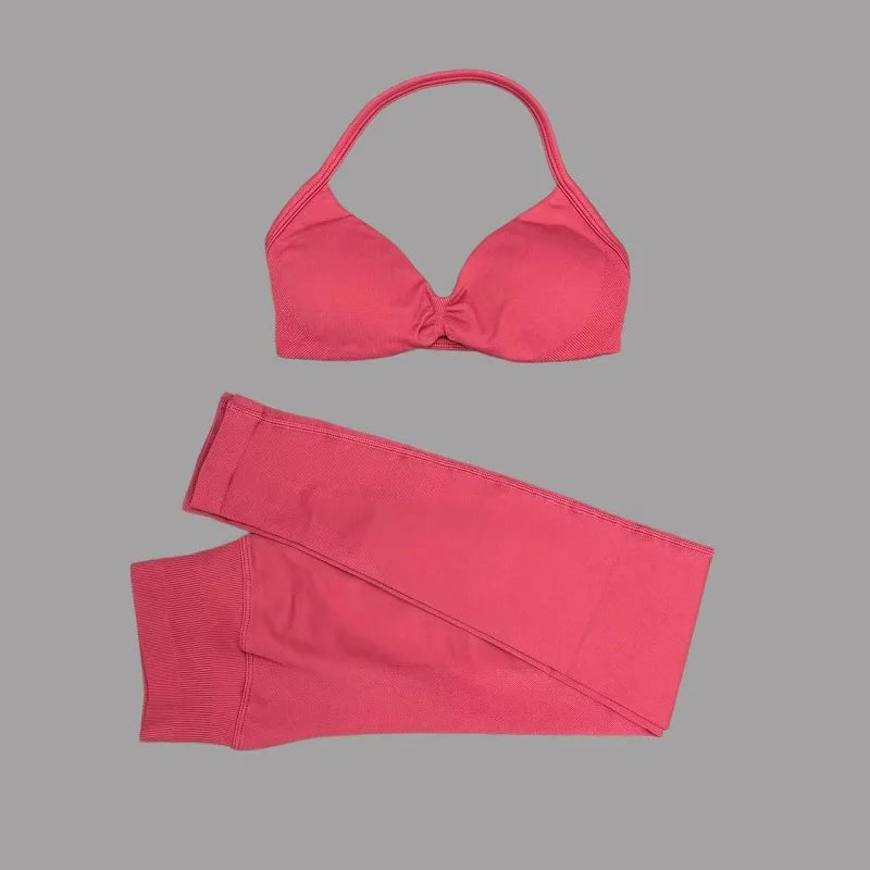 2 Piece Sports Set Women Yoga Backless Halter Bra High Waist Scrunch Seamless Pants