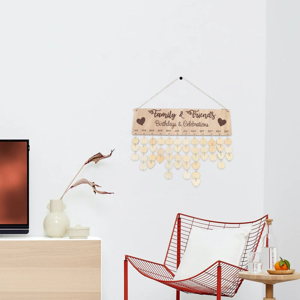 Wooden Hanging DIY Calendar Reminder Board with 50 Round Pendants and 50 Heart Shaped Pendants