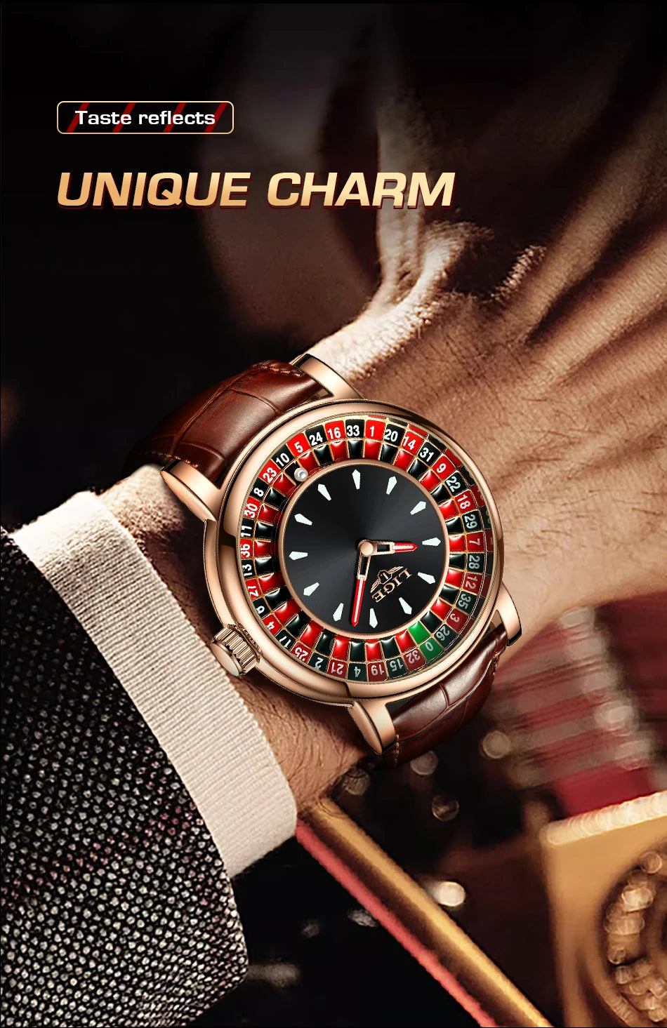 LIGE Brown Leather Men Watch Rotating Dial Las Vegas Roulette Desktop Theme