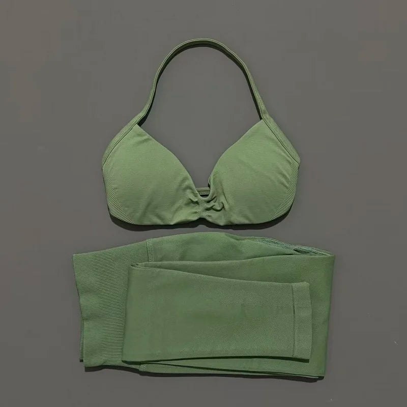 2 Piece Sports Set Women Yoga Backless Halter Bra High Waist Scrunch Seamless Pants