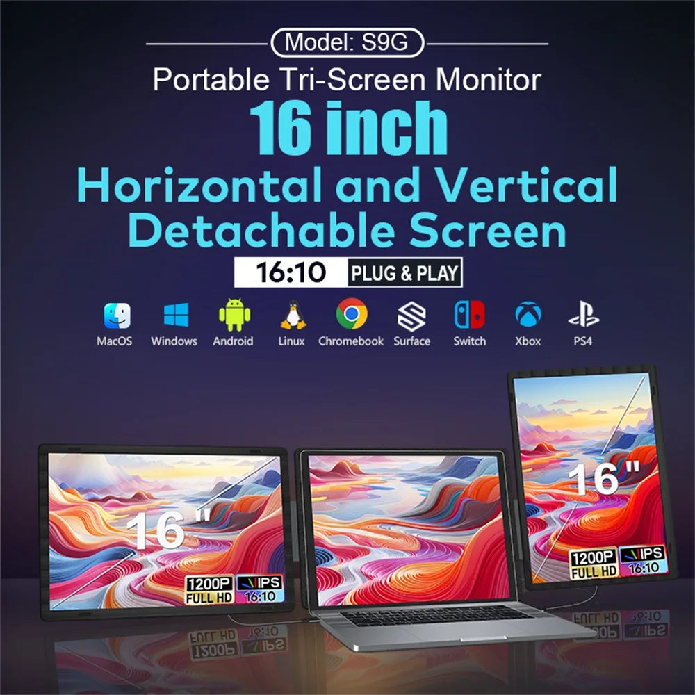 14 to 16 Inch Dual Screen Extender Display FHD IPS Triple Expandable Monitors