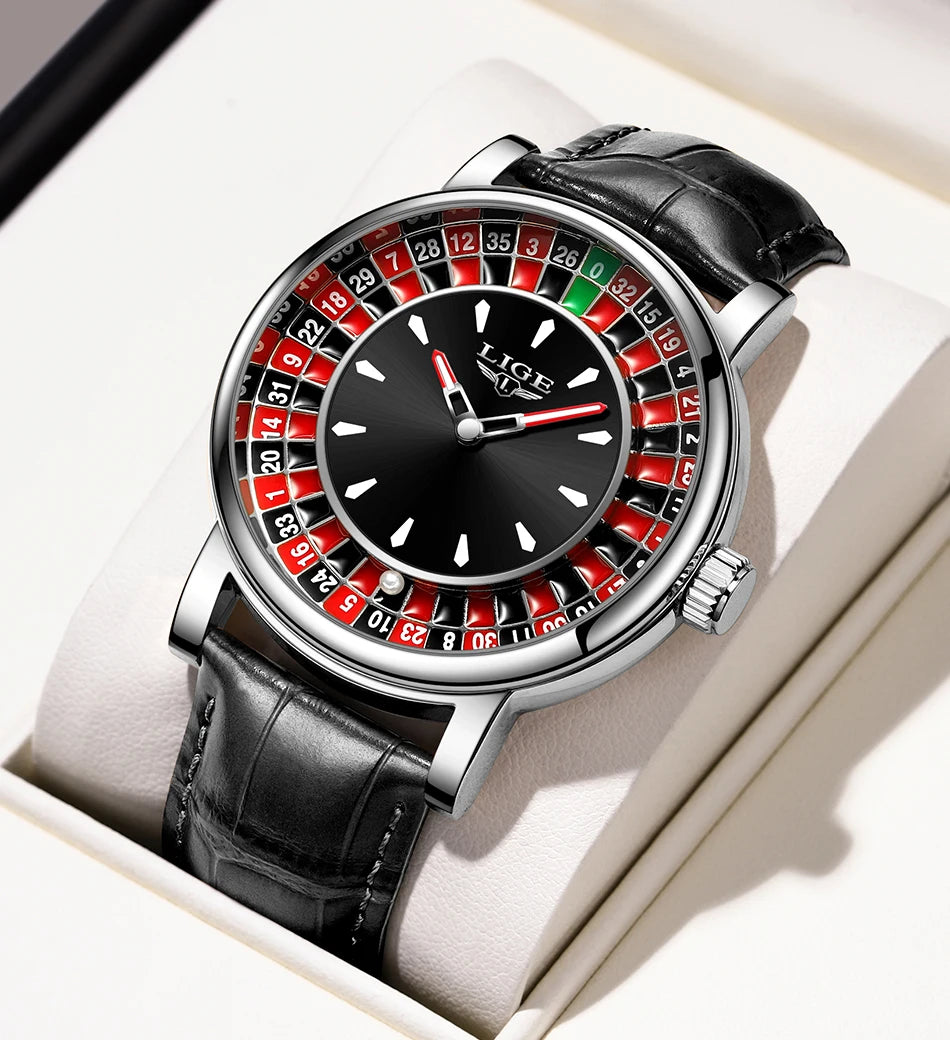 LIGE Brown Leather Men Watch Rotating Dial Las Vegas Roulette Desktop Theme