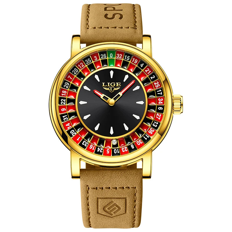 LIGE Brown Leather Men Watch Rotating Dial Las Vegas Roulette Desktop Theme