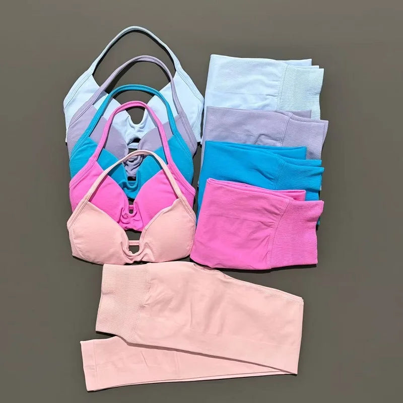 2 Piece Sports Set Women Yoga Backless Halter Bra High Waist Scrunch Seamless Pants