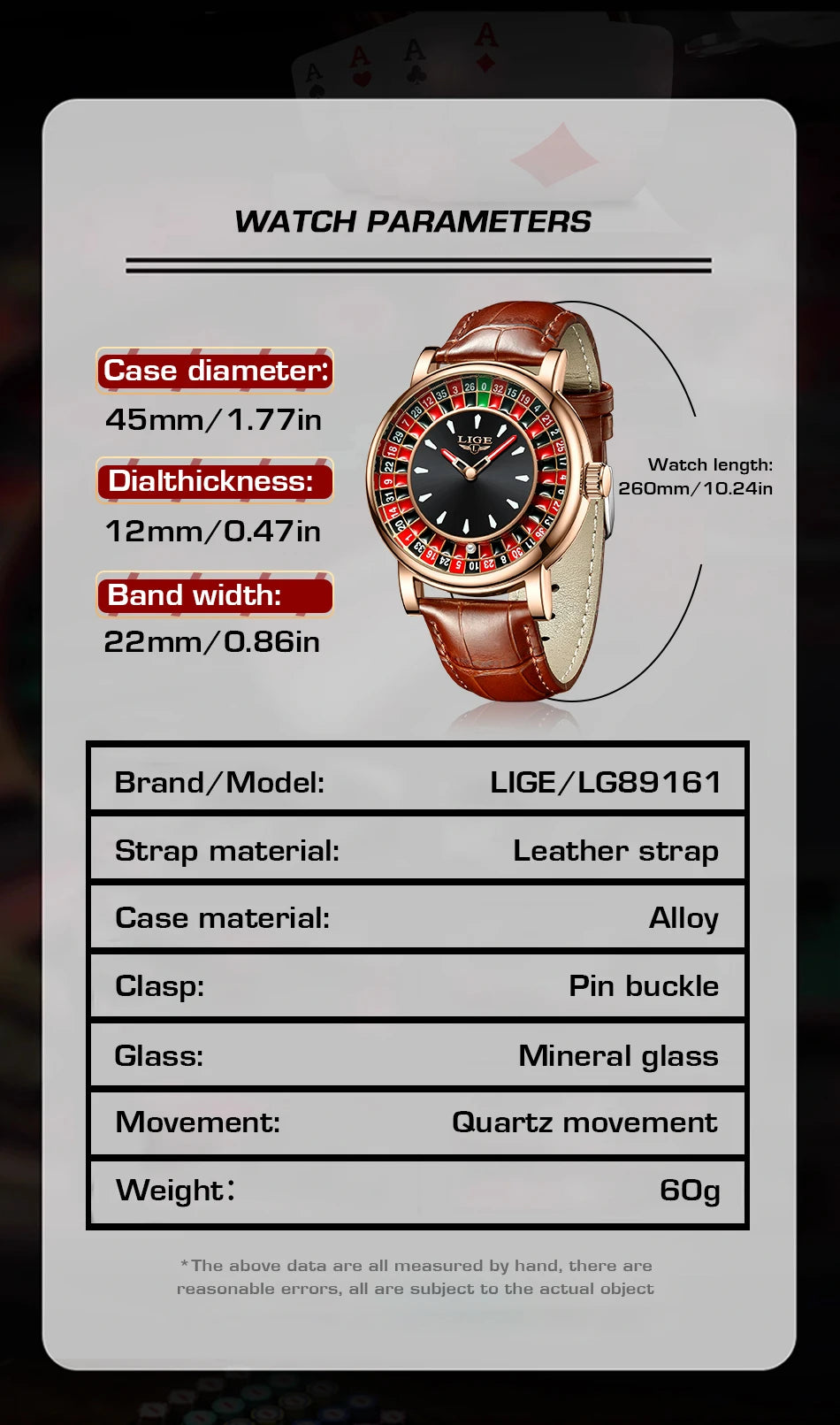 LIGE Brown Leather Men Watch Rotating Dial Las Vegas Roulette Desktop Theme