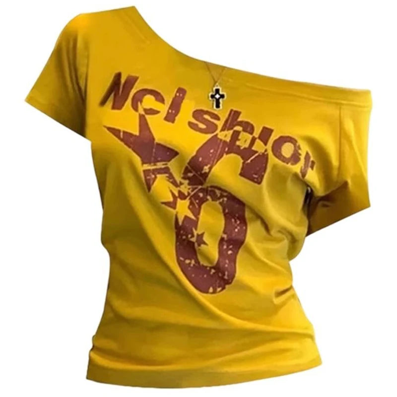 Sport Summer Off shoulder Top Women Vintage 2000s Short sleeve T shirt