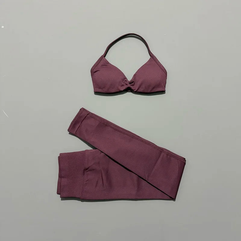 2 Piece Sports Set Women Yoga Backless Halter Bra High Waist Scrunch Seamless Pants