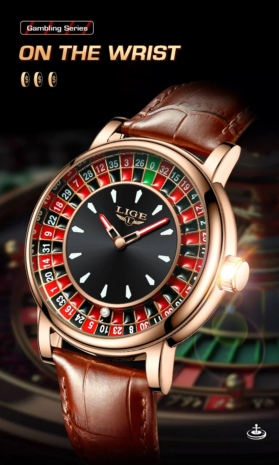 LIGE Brown Leather Men Watch Rotating Dial Las Vegas Roulette Desktop Theme