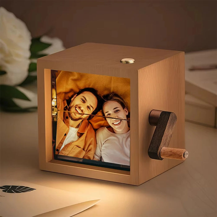 Hand Cranked Photo Flip book Box Personalized Photo card Holder Mother's Day Gift Solid Wood