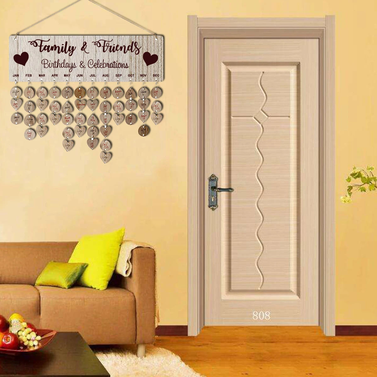 Wooden Hanging DIY Calendar Reminder Board with 50 Round Pendants and 50 Heart Shaped Pendants