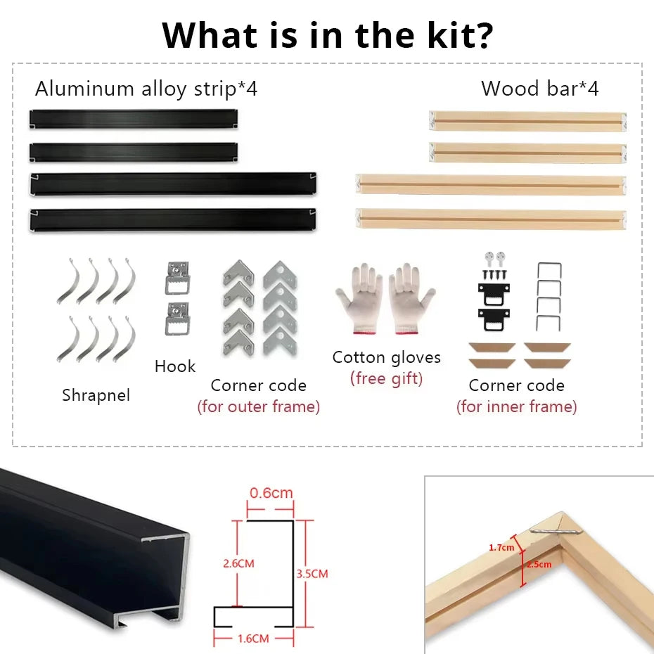 Customized DIY Frame Kit Gold Black Metal Aluminum Outer Frame and Wooden Inner Frame