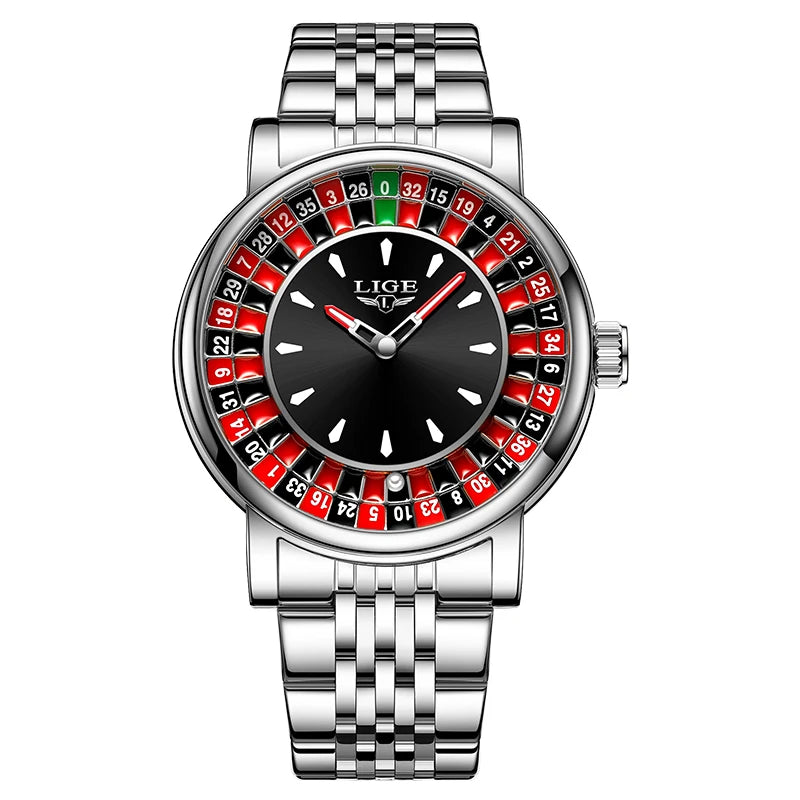 LIGE Brown Leather Men Watch Rotating Dial Las Vegas Roulette Desktop Theme