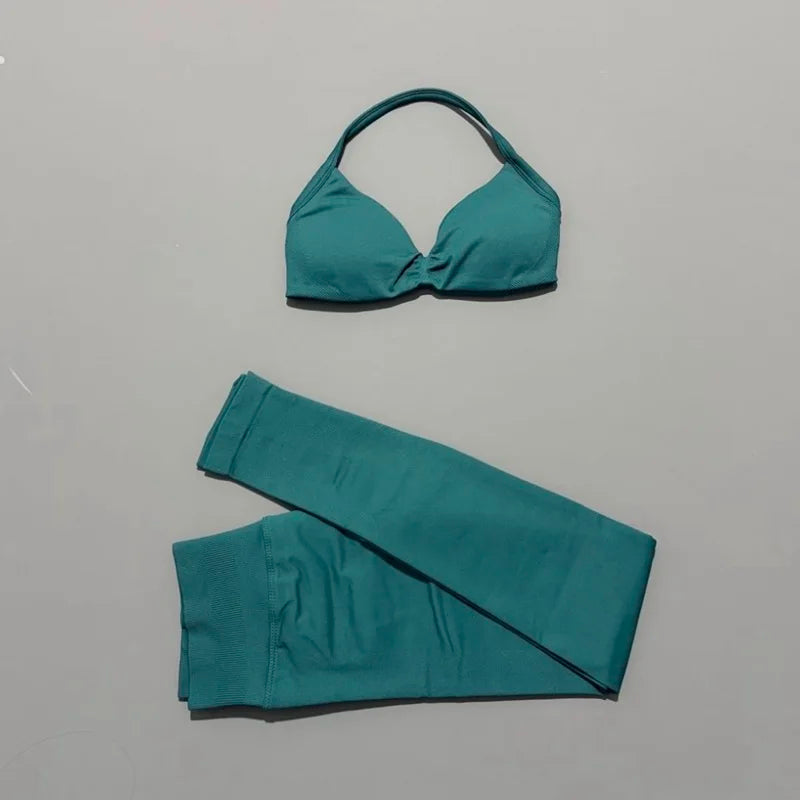 2 Piece Sports Set Women Yoga Backless Halter Bra High Waist Scrunch Seamless Pants