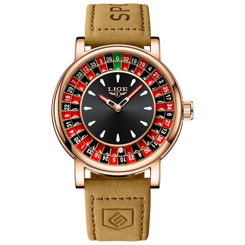 LIGE Brown Leather Men Watch Rotating Dial Las Vegas Roulette Desktop Theme