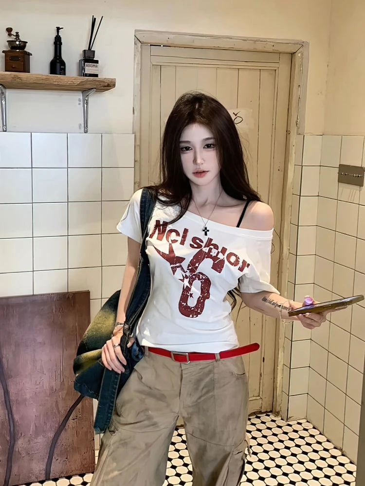 Sport Summer Off shoulder Top Women Vintage 2000s Short sleeve T shirt