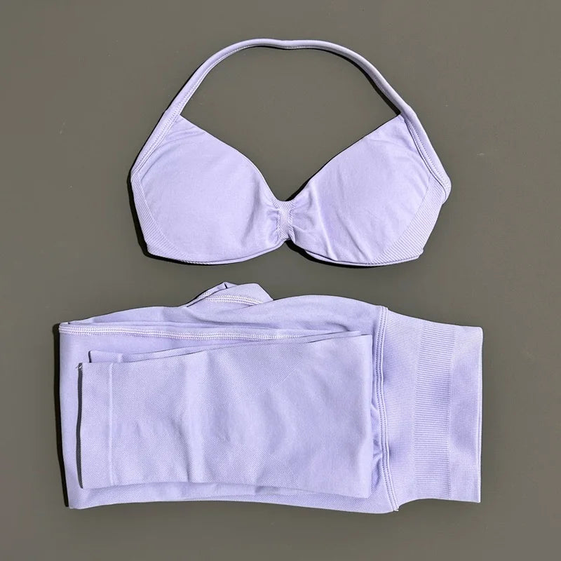 2 Piece Sports Set Women Yoga Backless Halter Bra High Waist Scrunch Seamless Pants