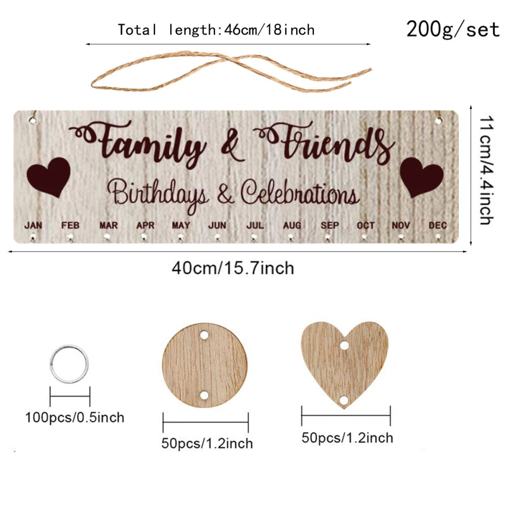 Wooden Hanging DIY Calendar Reminder Board with 50 Round Pendants and 50 Heart Shaped Pendants