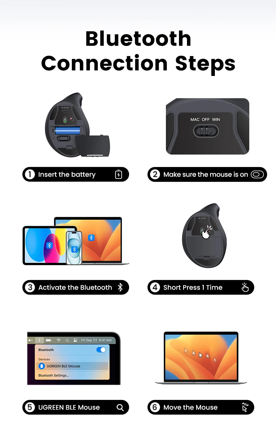 Vertical Mouse Wireless Bluetooth  6 Mute Buttons for MacBook Tablet Laptops Computer PC