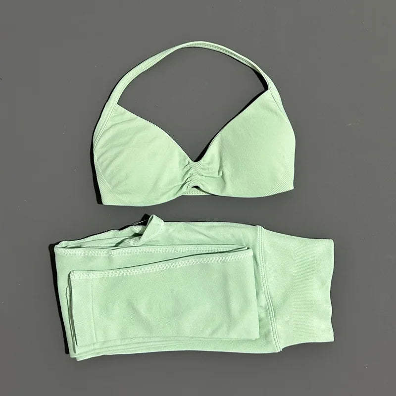 2 Piece Sports Set Women Yoga Backless Halter Bra High Waist Scrunch Seamless Pants