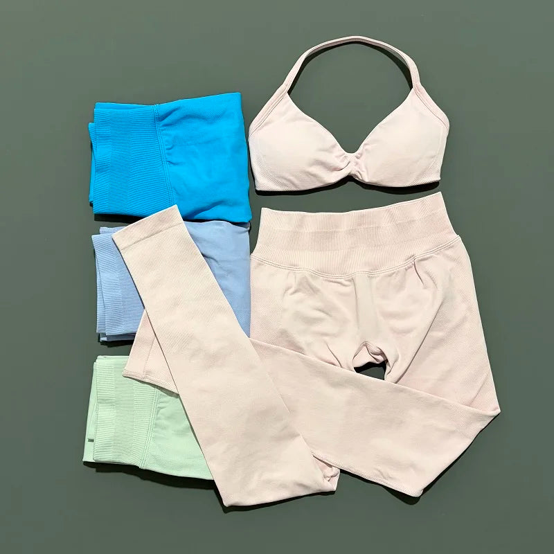 2 Piece Sports Set Women Yoga Backless Halter Bra High Waist Scrunch Seamless Pants
