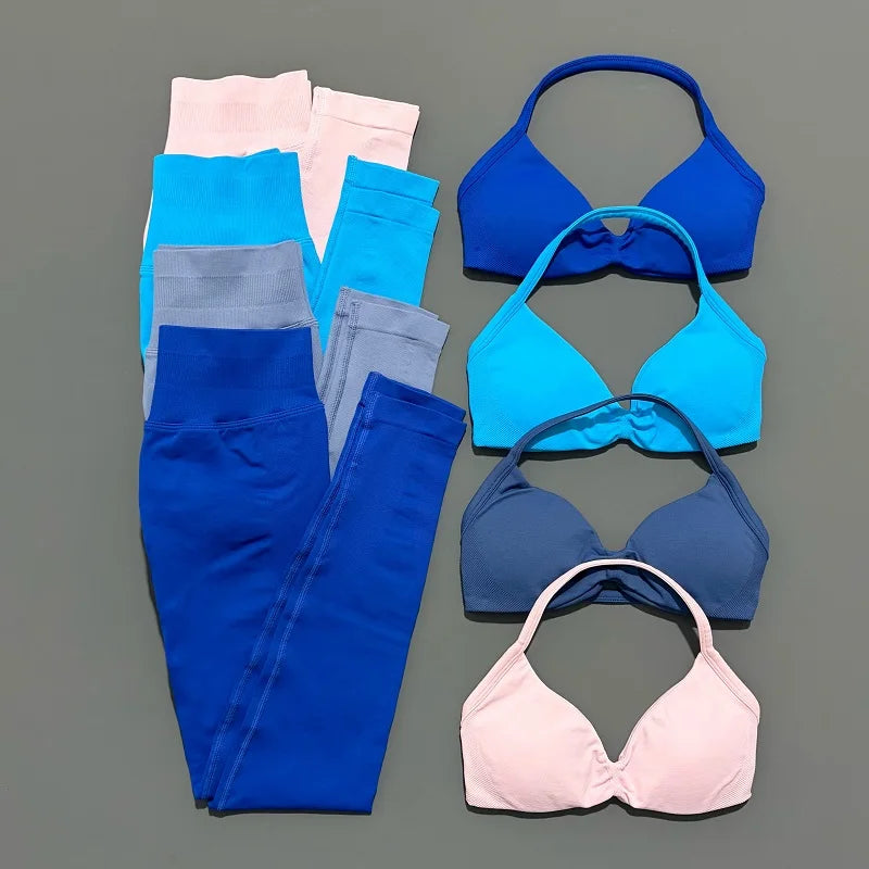 2 Piece Sports Set Women Yoga Backless Halter Bra High Waist Scrunch Seamless Pants