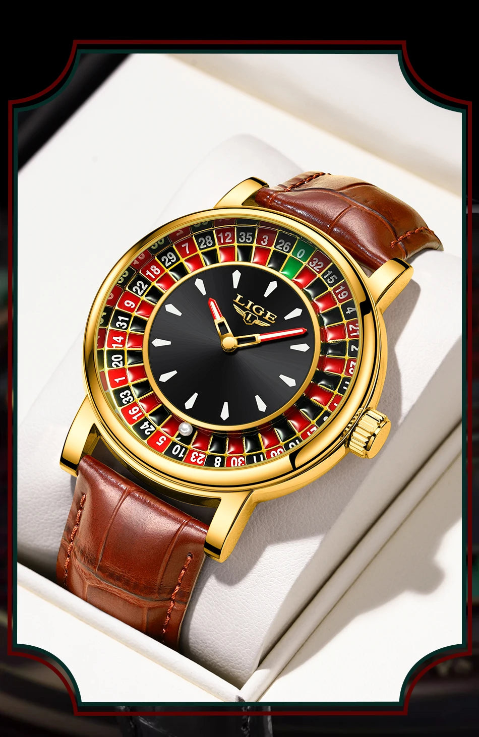 LIGE Brown Leather Men Watch Rotating Dial Las Vegas Roulette Desktop Theme