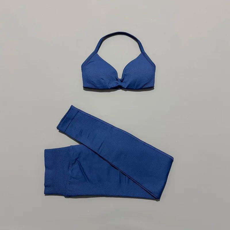 2 Piece Sports Set Women Yoga Backless Halter Bra High Waist Scrunch Seamless Pants
