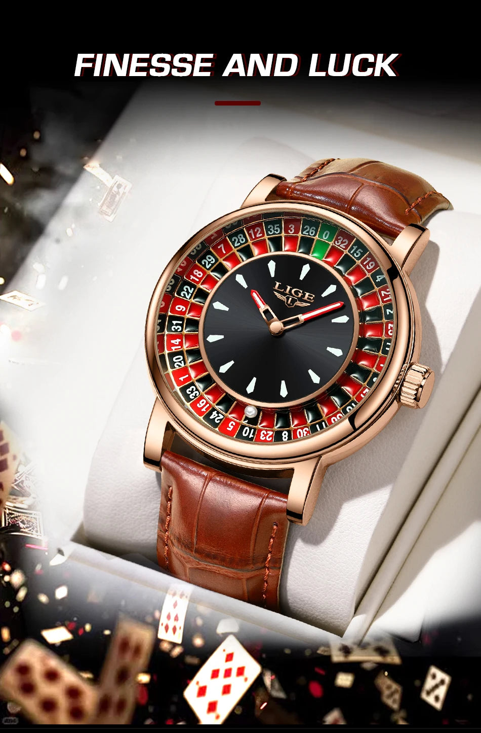 LIGE Brown Leather Men Watch Rotating Dial Las Vegas Roulette Desktop Theme