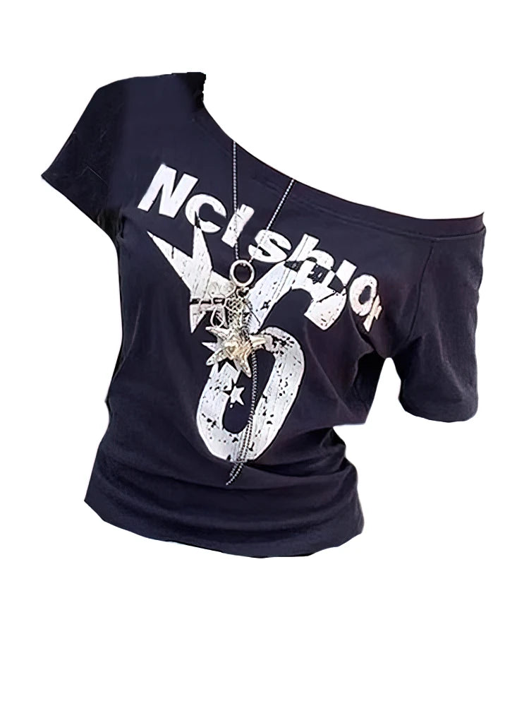 Sport Summer Off shoulder Top Women Vintage 2000s Short sleeve T shirt