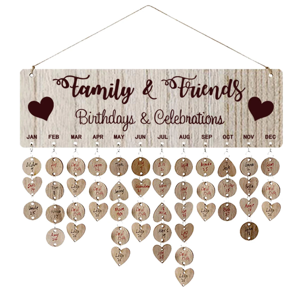 Wooden Hanging DIY Calendar Reminder Board with 50 Round Pendants and 50 Heart Shaped Pendants