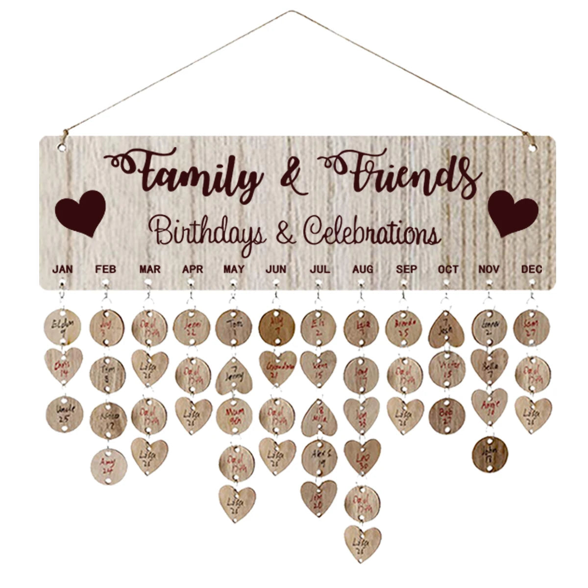 Wooden Hanging DIY Calendar Reminder Board with 50 Round Pendants and 50 Heart Shaped Pendants