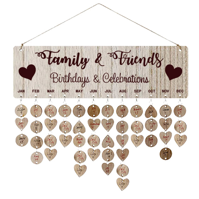 Wooden Hanging DIY Calendar Reminder Board with 50 Round Pendants and 50 Heart Shaped Pendants